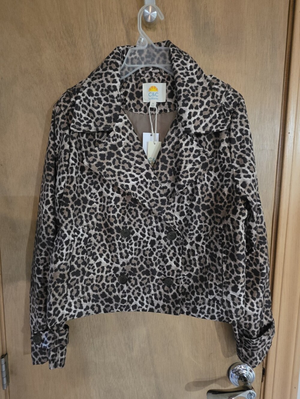 C&C California Leopard Print Double-Breasted Cropped Pea Coat Medium New